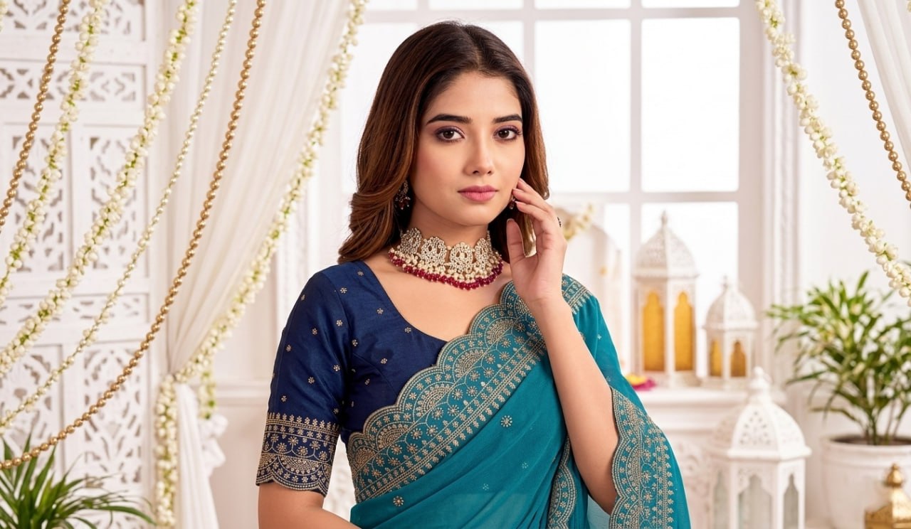 Elenoir Grace Collection | Premium Teal Embroidered Fab-Star Georgette Saree with Contrast Blouse | Wedding, Festive & Party Wear