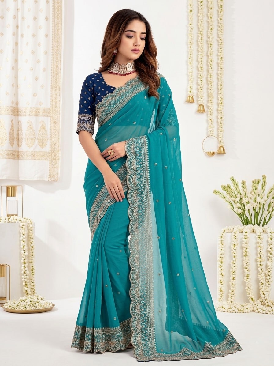 Elenoir Grace Collection | Premium Teal Embroidered Fab-Star Georgette Saree with Contrast Blouse | Wedding, Festive & Party Wear