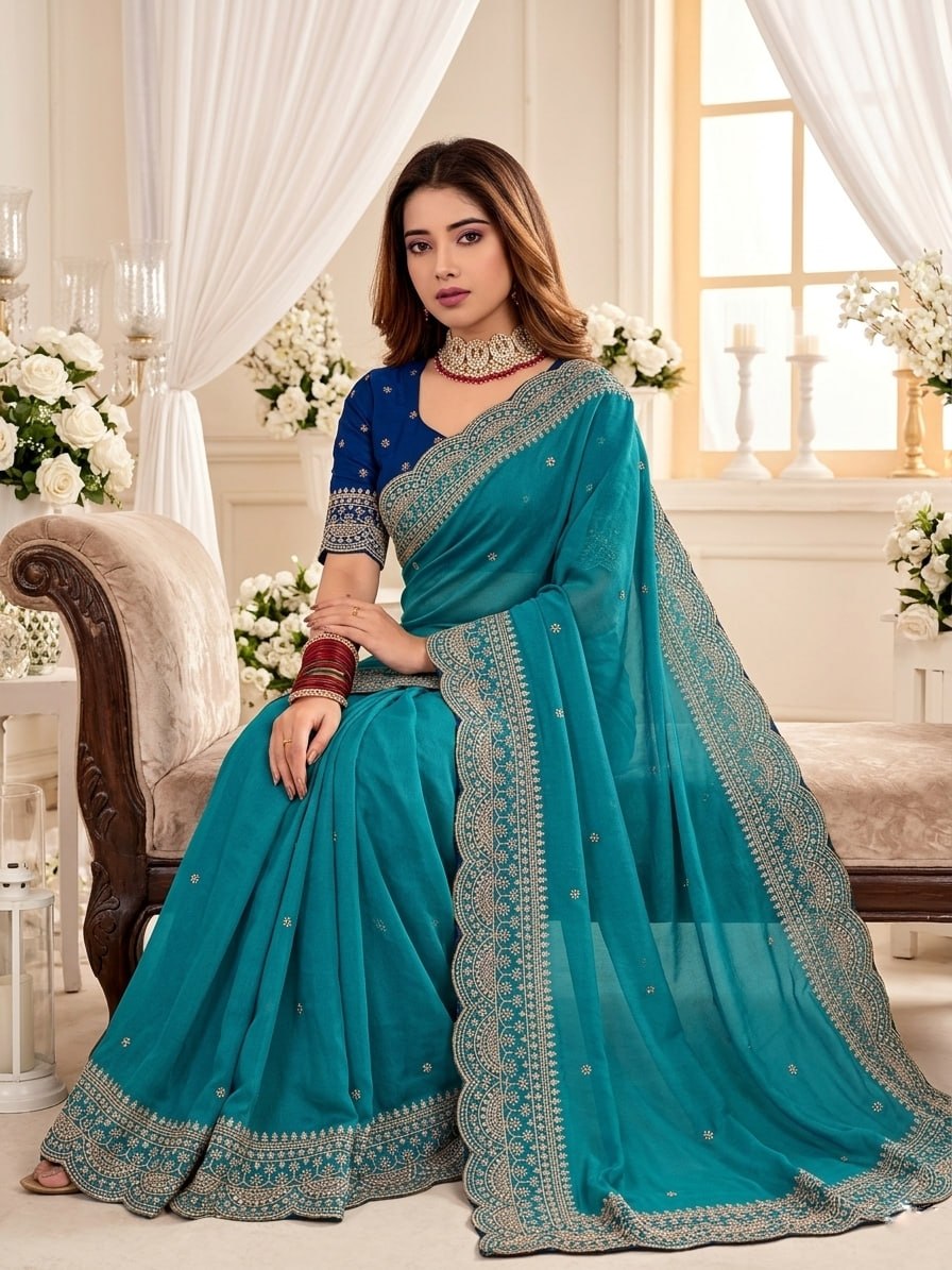 Elenoir Grace Collection | Premium Teal Embroidered Fab-Star Georgette Saree with Contrast Blouse | Wedding, Festive & Party Wear