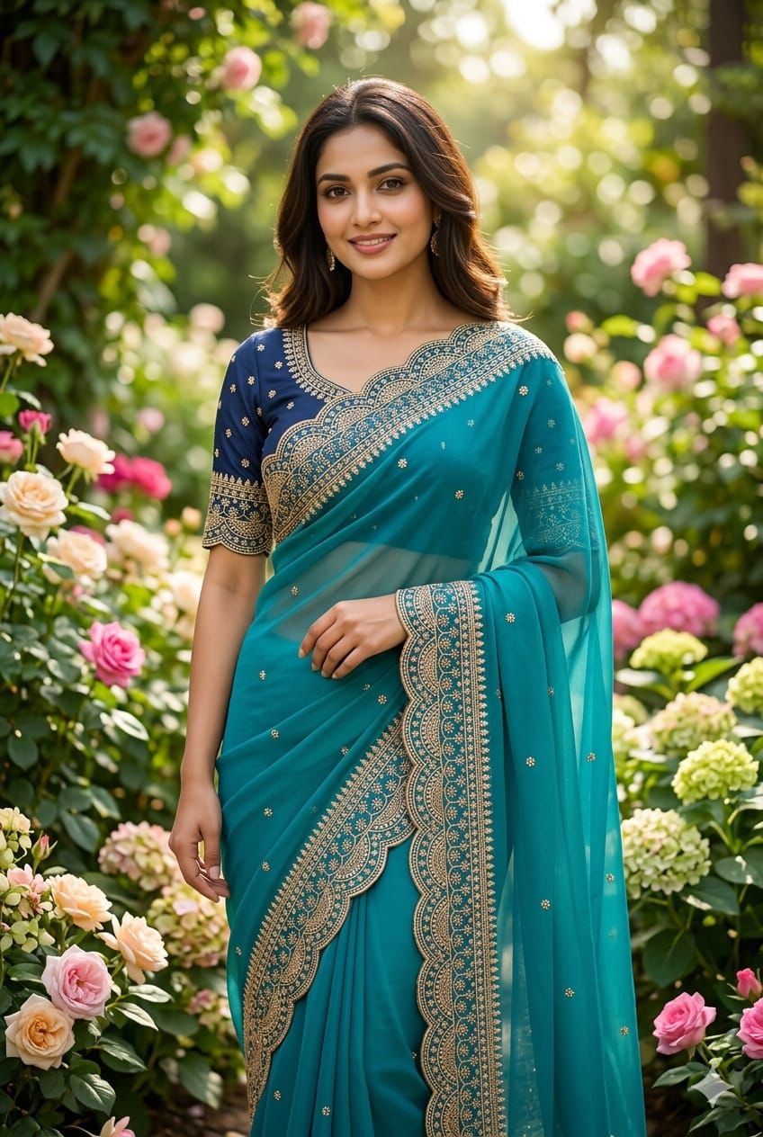 Elenoir Grace Collection | Premium Teal Embroidered Fab-Star Georgette Saree with Contrast Blouse | Wedding, Festive & Party Wear