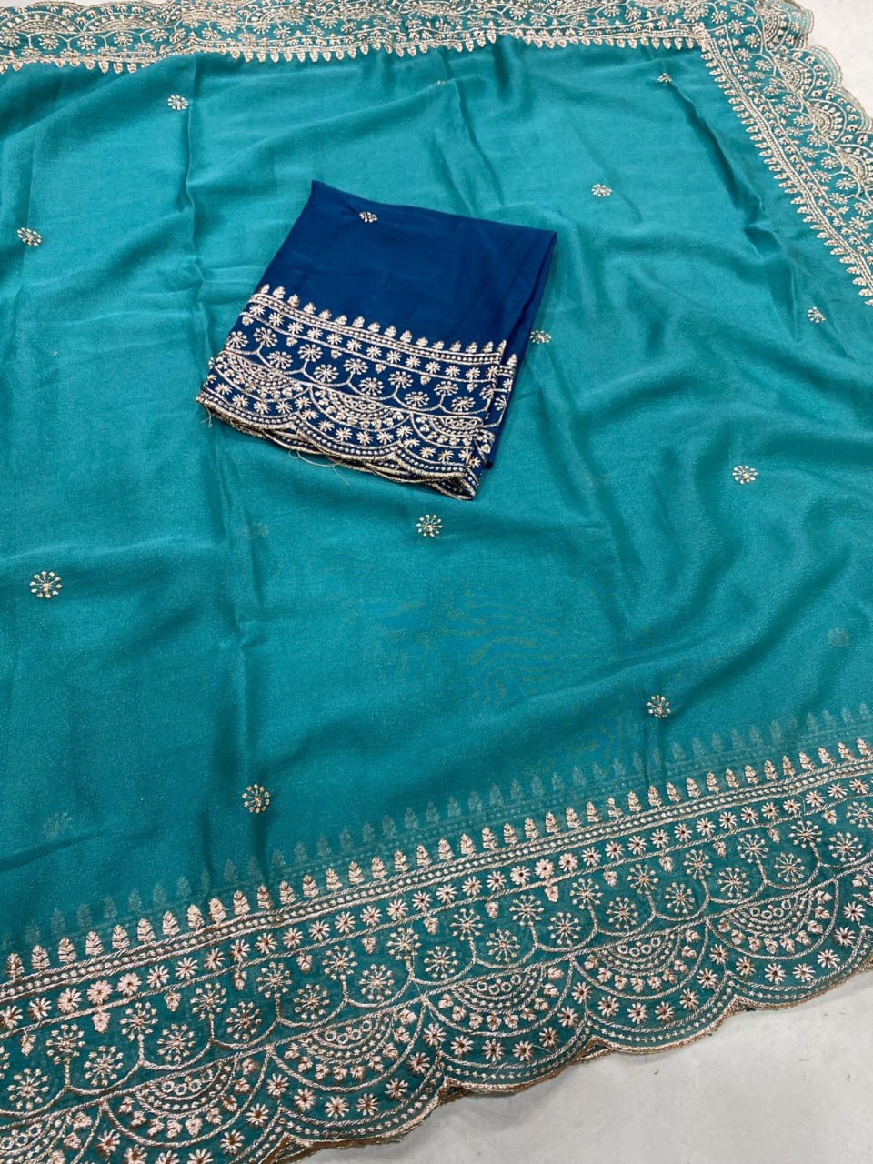 Elenoir Grace Collection | Premium Teal Embroidered Fab-Star Georgette Saree with Contrast Blouse | Wedding, Festive & Party Wear