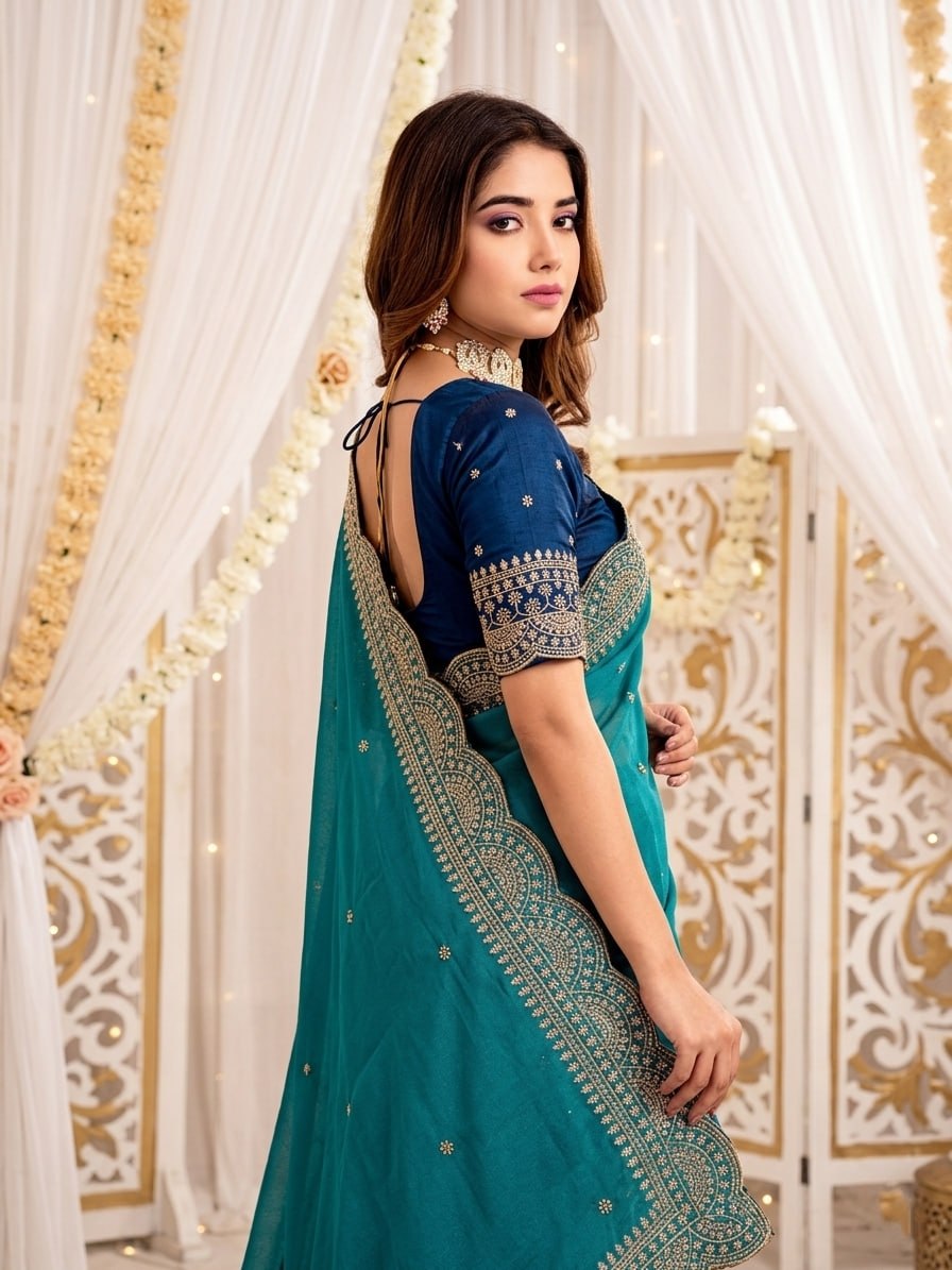 Elenoir Grace Collection | Premium Teal Embroidered Fab-Star Georgette Saree with Contrast Blouse | Wedding, Festive & Party Wear