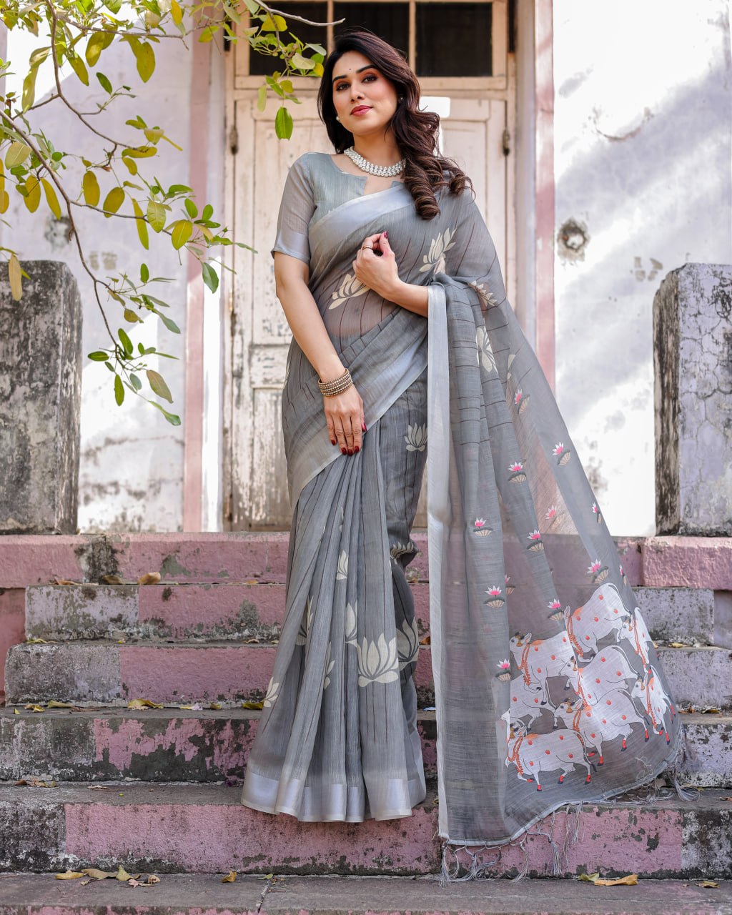 Elenoir Grey Pichwai Printed Linen Cotton Saree with Silver Zari Border & Running Blouse Piece