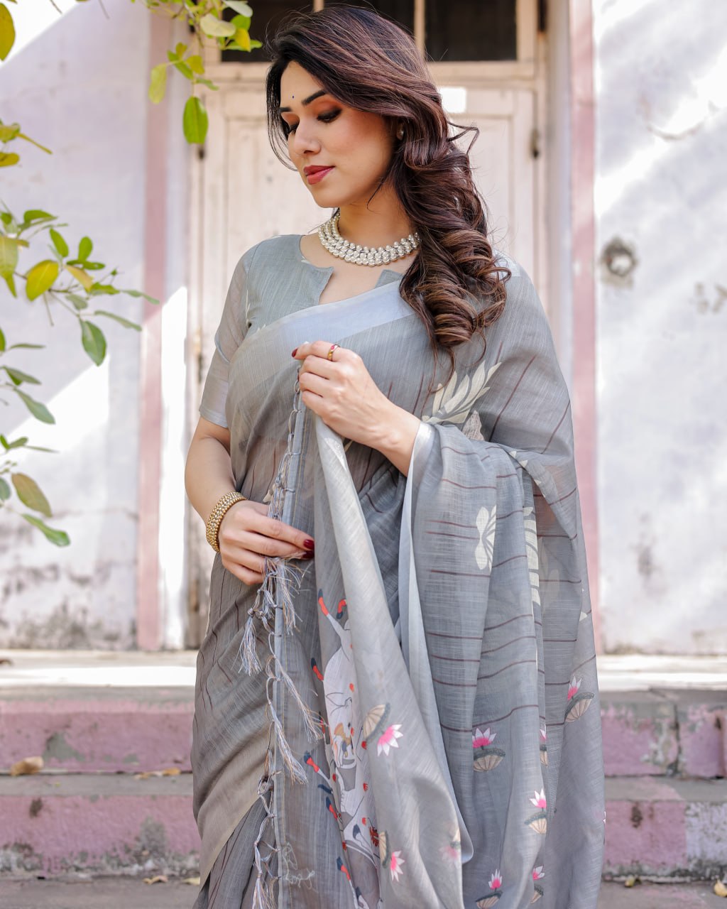 Elenoir Grey Pichwai Printed Linen Cotton Saree with Silver Zari Border & Running Blouse Piece