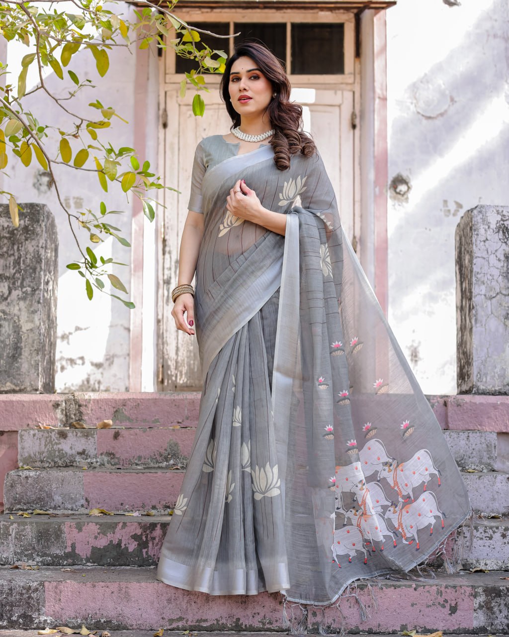 Elenoir Grey Pichwai Printed Linen Cotton Saree with Silver Zari Border & Running Blouse Piece
