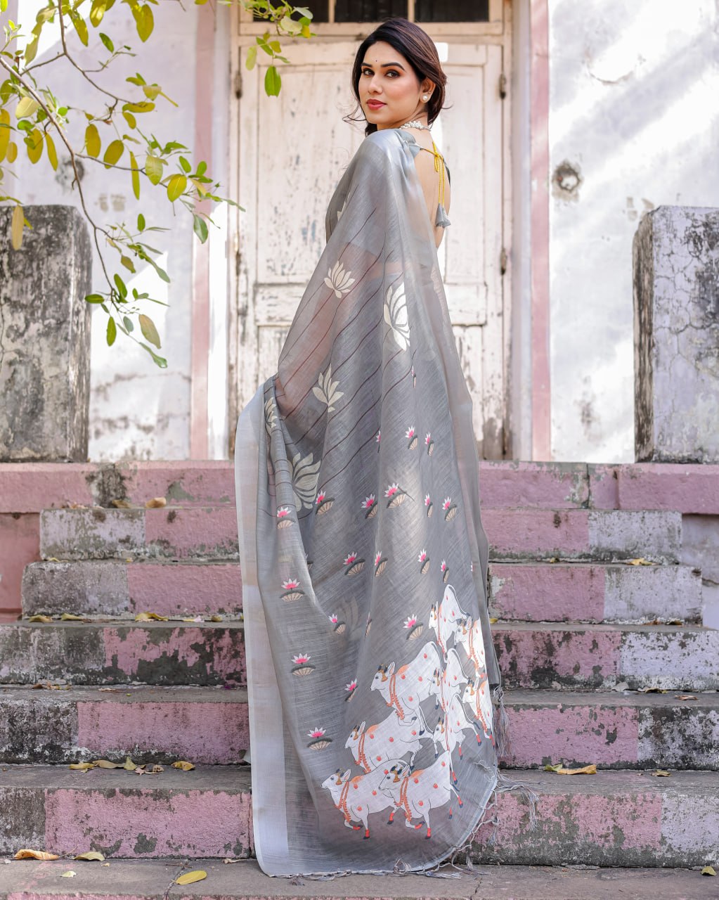 Elenoir Grey Pichwai Printed Linen Cotton Saree with Silver Zari Border & Running Blouse Piece