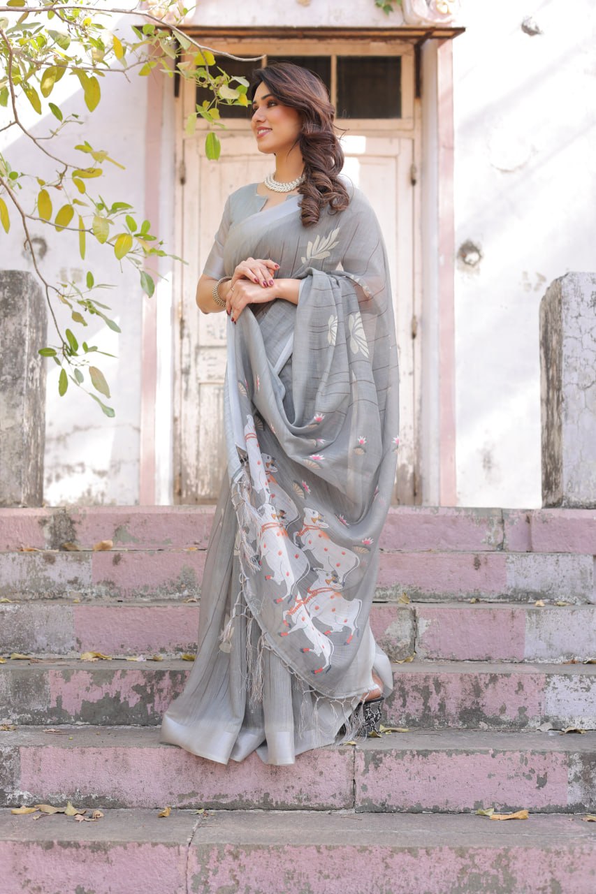 Elenoir Grey Pichwai Printed Linen Cotton Saree with Silver Zari Border & Running Blouse Piece