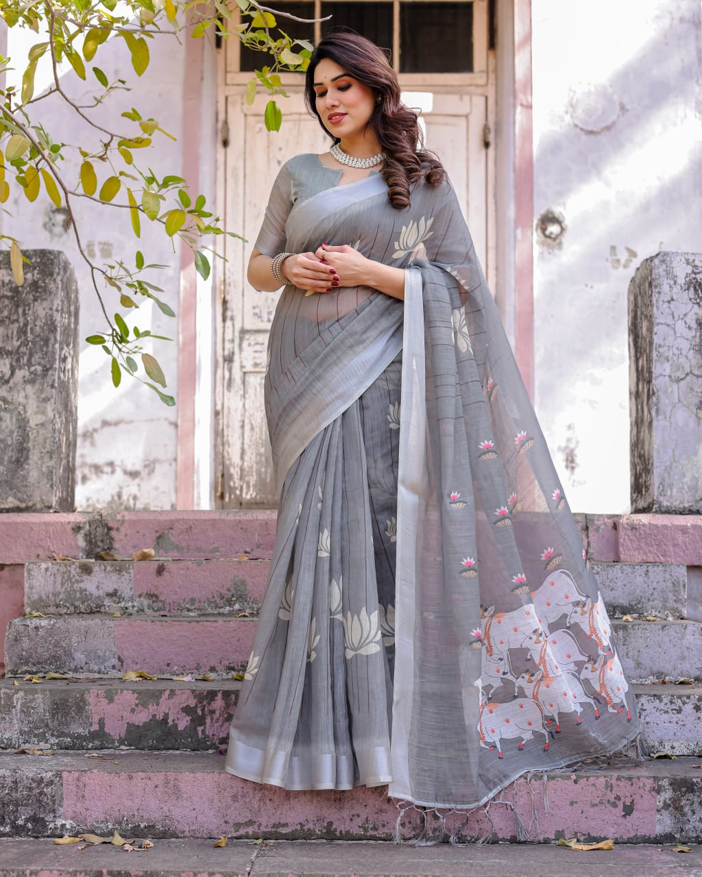 Elenoir Grey Pichwai Printed Linen Cotton Saree with Silver Zari Border & Running Blouse Piece