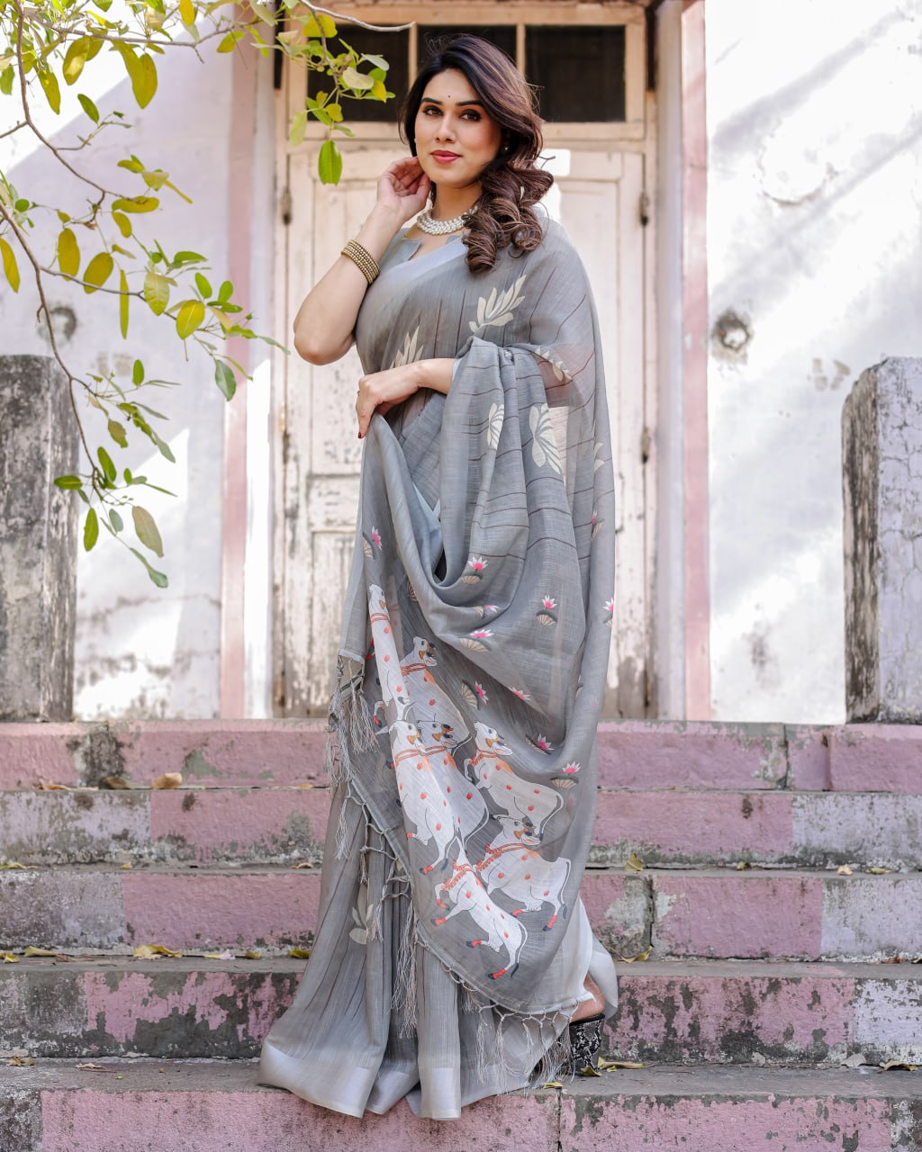 Elenoir Grey Pichwai Printed Linen Cotton Saree with Silver Zari Border & Running Blouse Piece