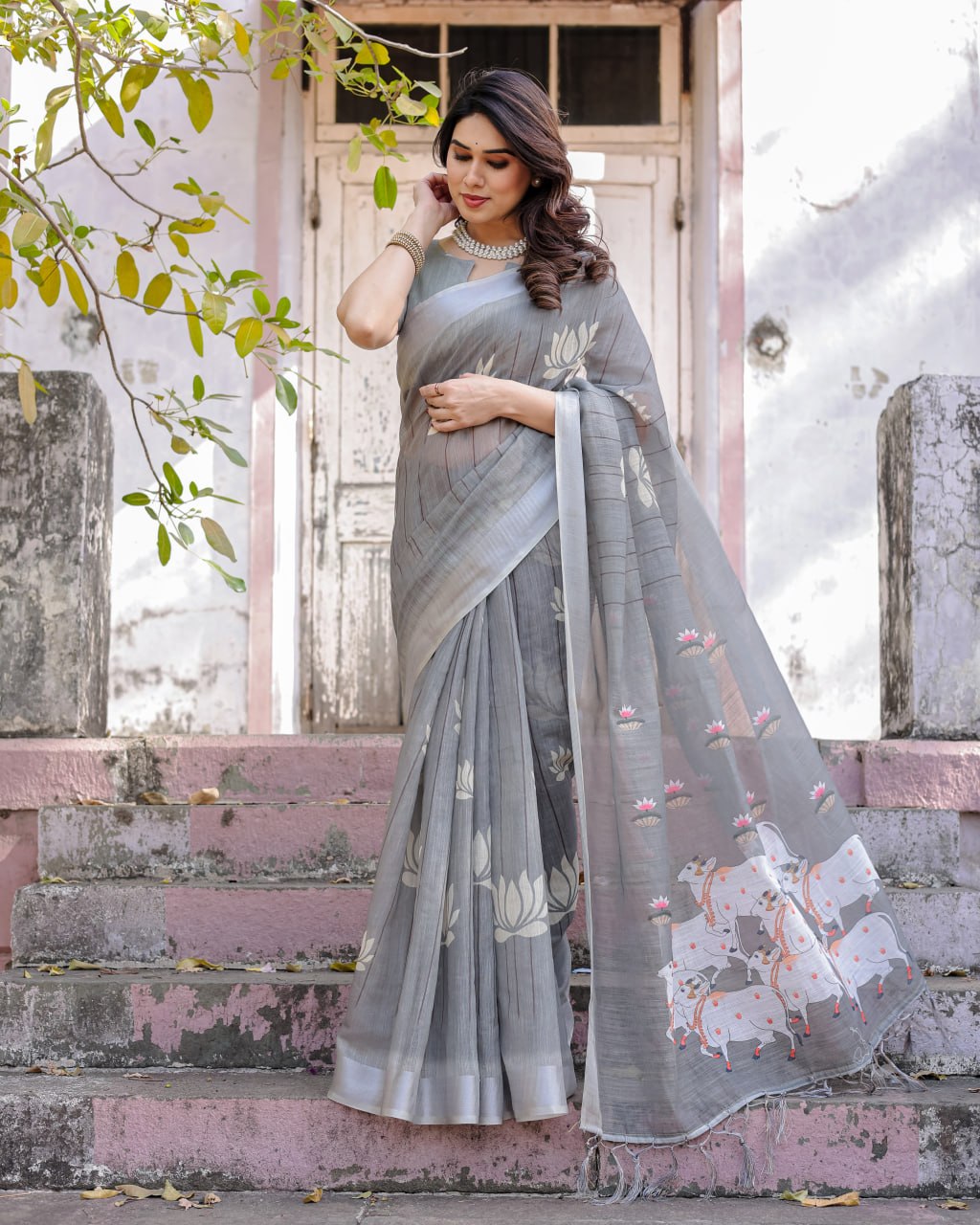 Elenoir Grey Pichwai Printed Linen Cotton Saree with Silver Zari Border & Running Blouse Piece