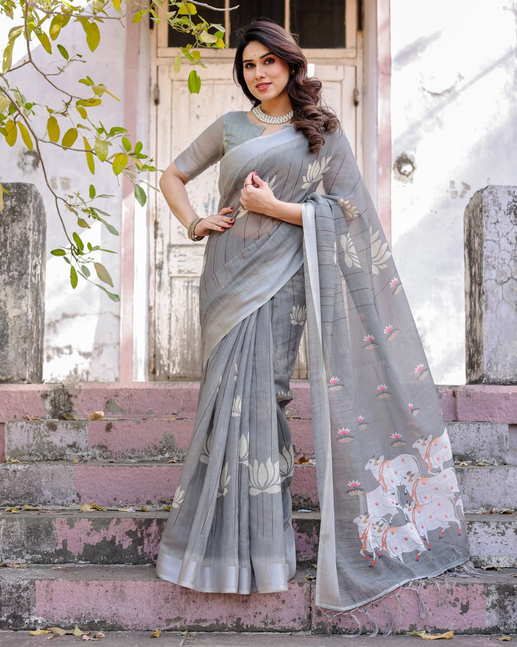 Elenoir Grey Pichwai Printed Linen Cotton Saree with Silver Zari Border & Running Blouse Piece
