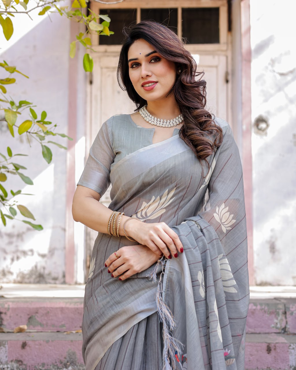 Elenoir Grey Pichwai Printed Linen Cotton Saree with Silver Zari Border & Running Blouse Piece