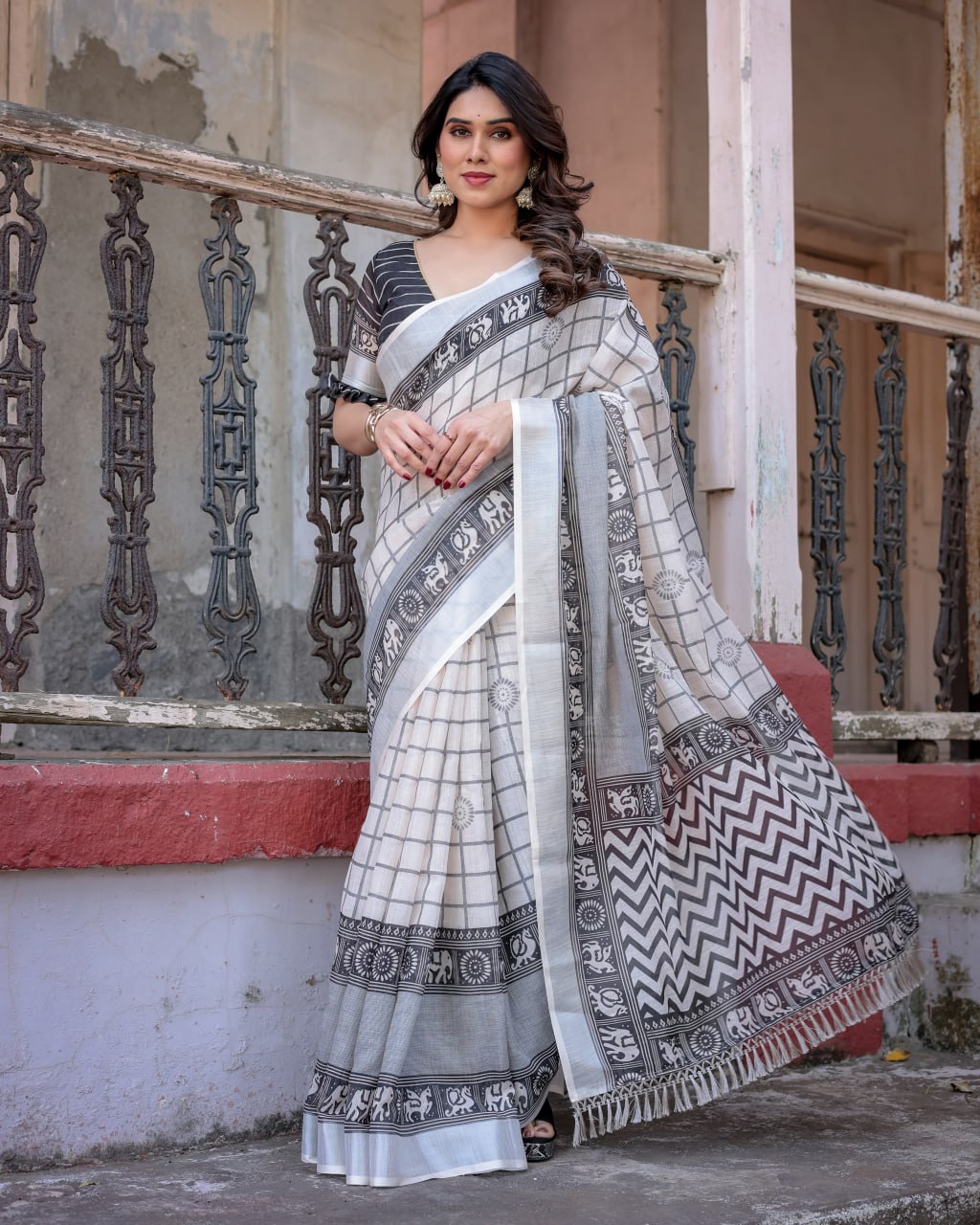 Elenoir Ivory & Charcoal Grey Handloom Linen Cotton Saree with Tribal Elephant Border & Silver Zari Weave