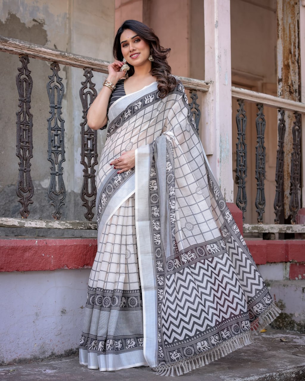 Elenoir Ivory & Charcoal Grey Handloom Linen Cotton Saree with Tribal Elephant Border & Silver Zari Weave