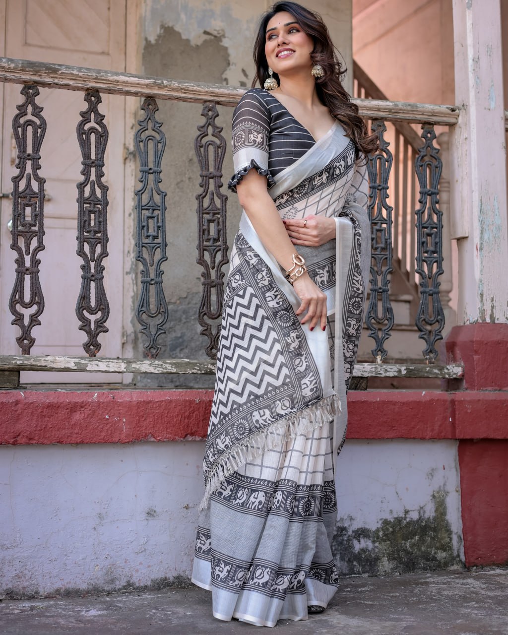 Elenoir Ivory & Charcoal Grey Handloom Linen Cotton Saree with Tribal Elephant Border & Silver Zari Weave