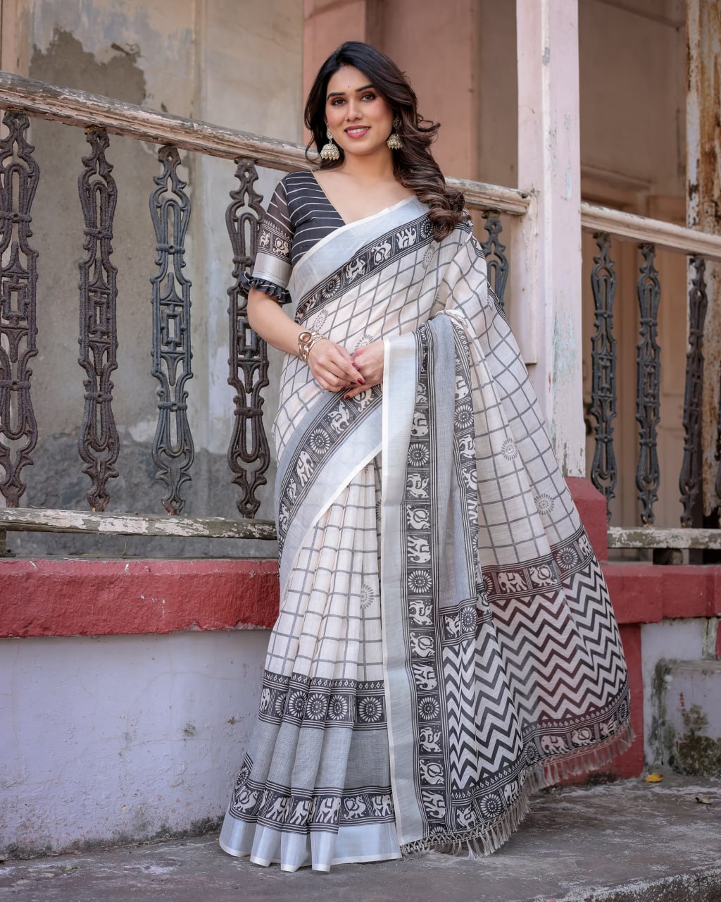 Elenoir Ivory & Charcoal Grey Handloom Linen Cotton Saree with Tribal Elephant Border & Silver Zari Weave
