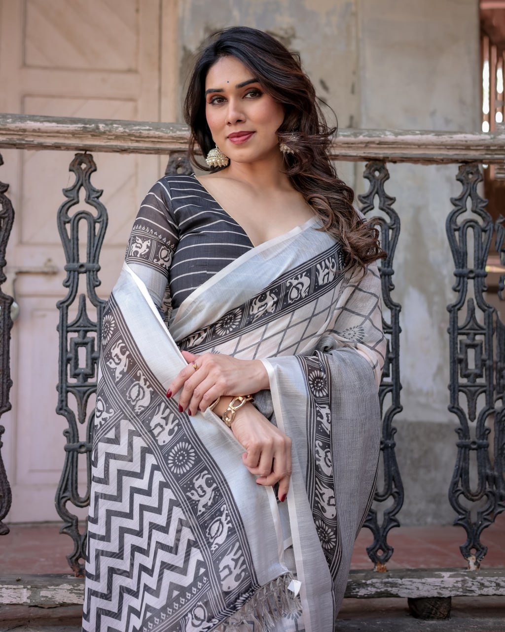 Elenoir Ivory & Charcoal Grey Handloom Linen Cotton Saree with Tribal Elephant Border & Silver Zari Weave
