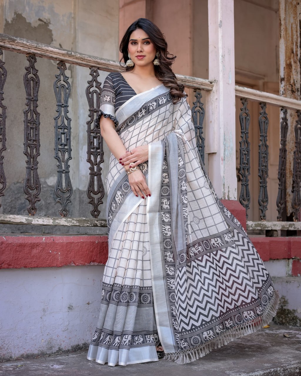 Elenoir Ivory & Charcoal Grey Handloom Linen Cotton Saree with Tribal Elephant Border & Silver Zari Weave