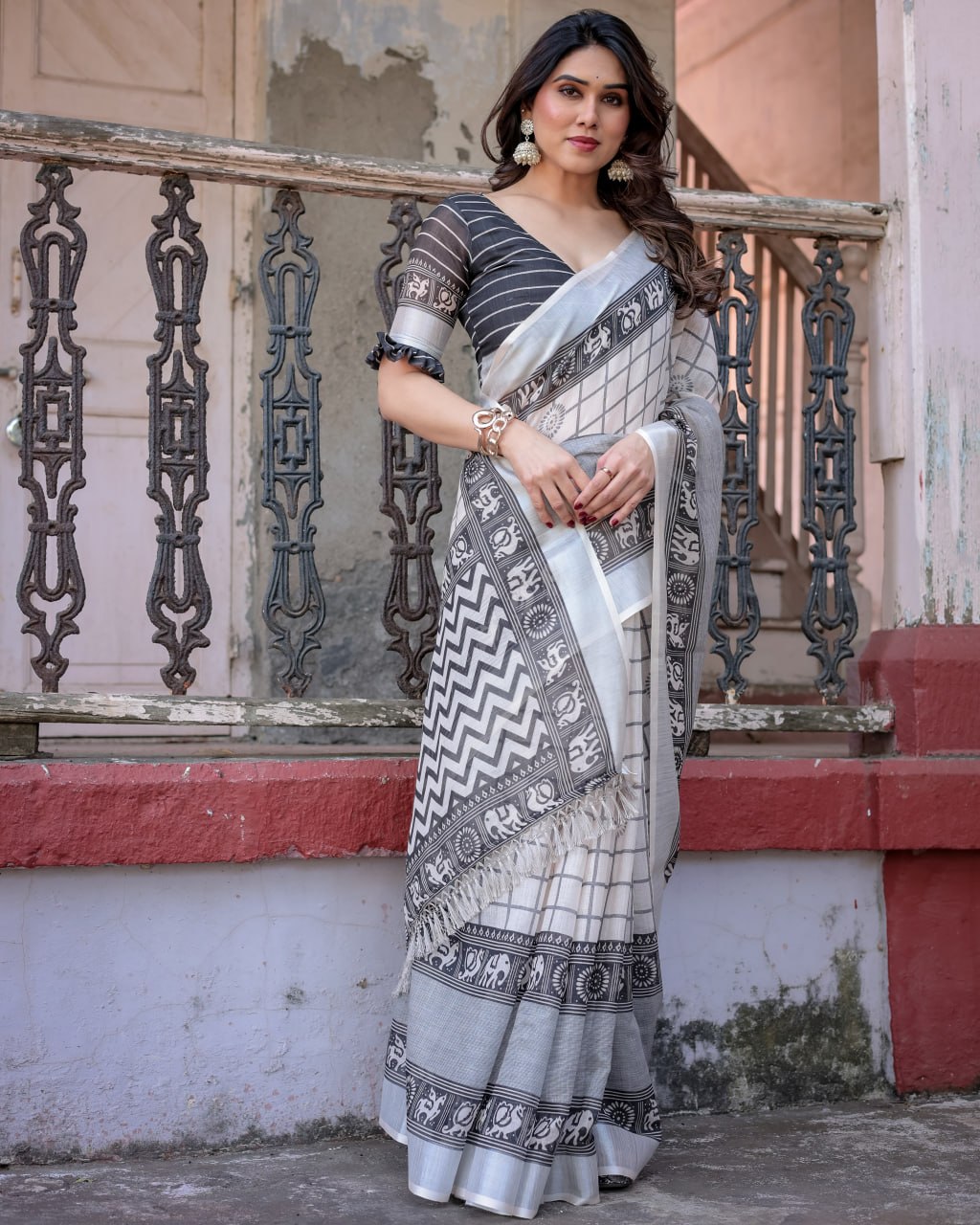 Elenoir Ivory & Charcoal Grey Handloom Linen Cotton Saree with Tribal Elephant Border & Silver Zari Weave