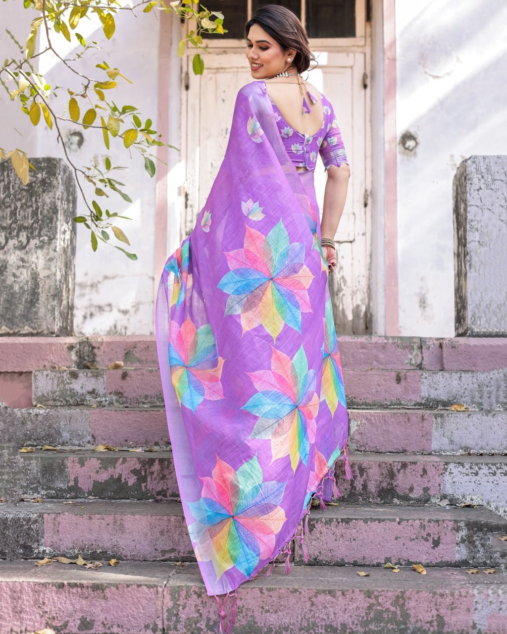 Elenoir Lavender Multicolour Leaf Printed Linen Cotton Saree with Silver Zari Border & Running Blouse Piece