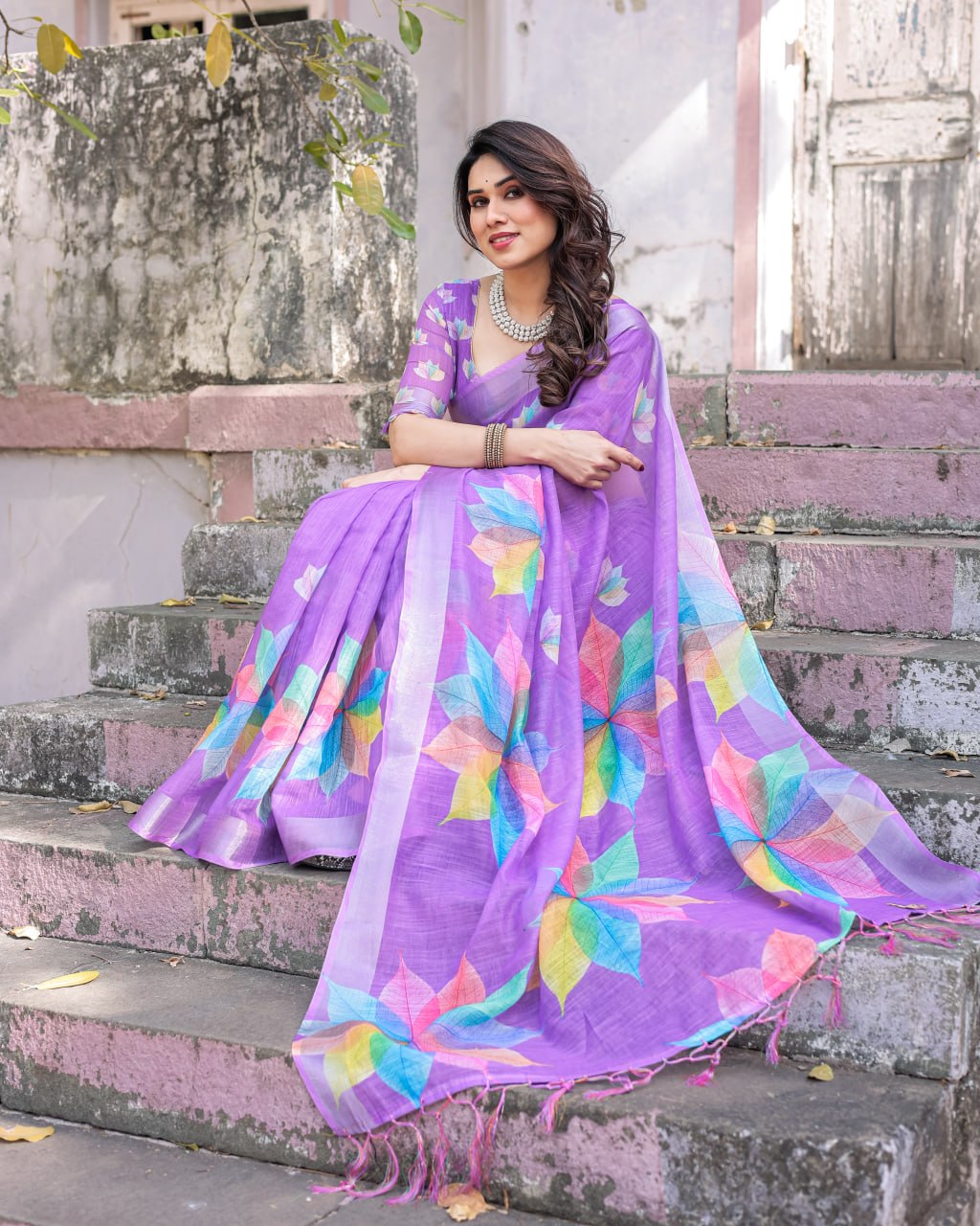 Elenoir Lavender Multicolour Leaf Printed Linen Cotton Saree with Silver Zari Border & Running Blouse Piece