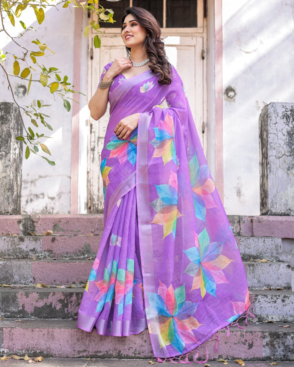 Elenoir Lavender Multicolour Leaf Printed Linen Cotton Saree with Silver Zari Border & Running Blouse Piece