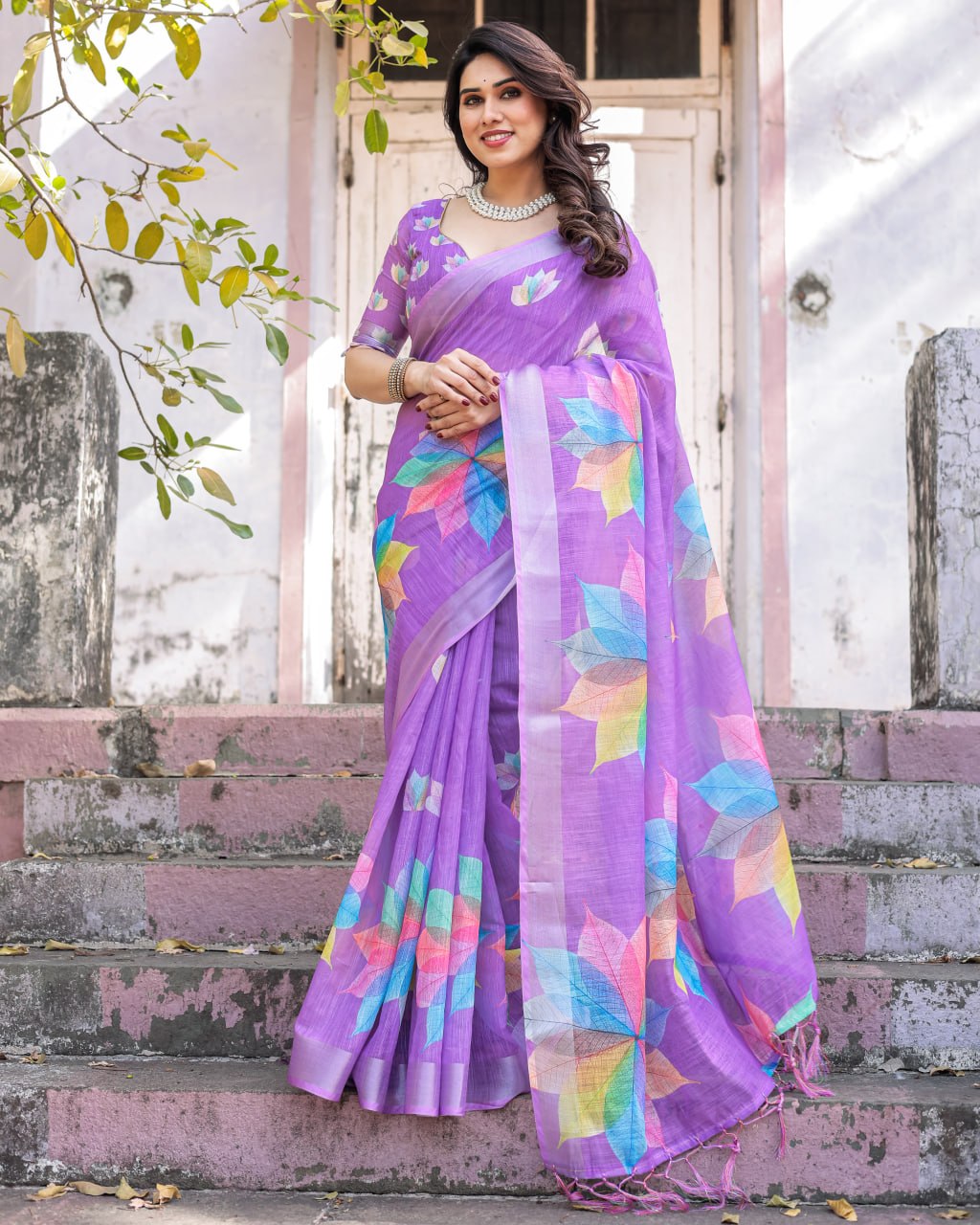 Elenoir Lavender Multicolour Leaf Printed Linen Cotton Saree with Silver Zari Border & Running Blouse Piece