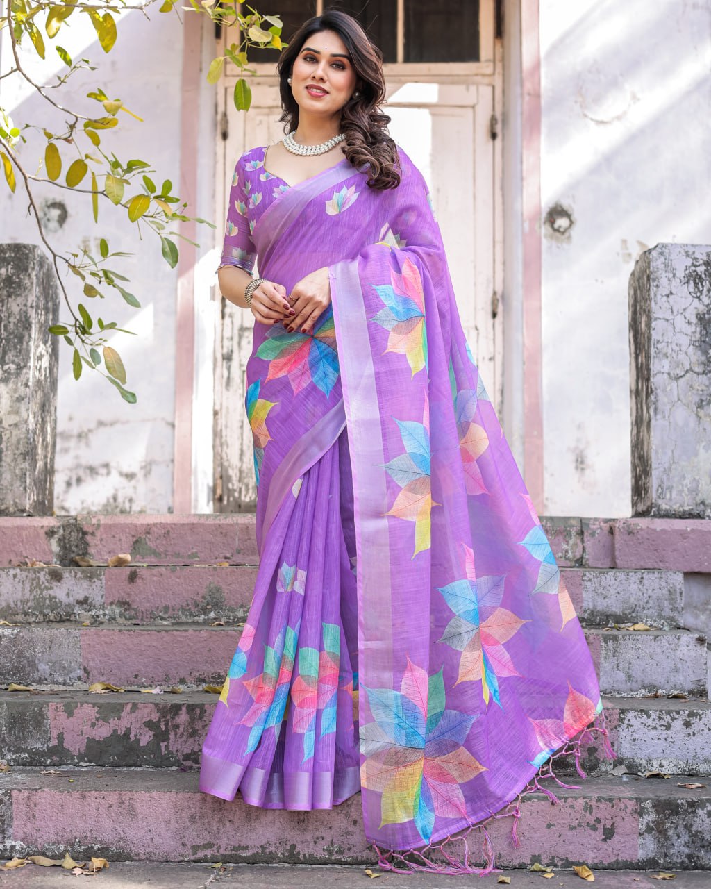Elenoir Lavender Multicolour Leaf Printed Linen Cotton Saree with Silver Zari Border & Running Blouse Piece