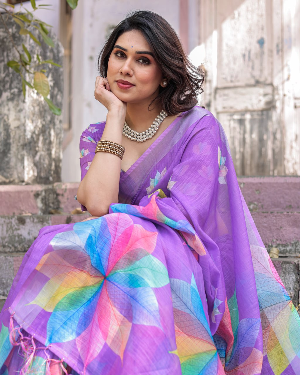 Elenoir Lavender Multicolour Leaf Printed Linen Cotton Saree with Silver Zari Border & Running Blouse Piece