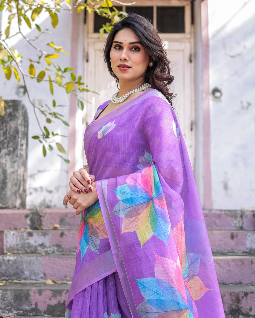 Elenoir Lavender Multicolour Leaf Printed Linen Cotton Saree with Silver Zari Border & Running Blouse Piece