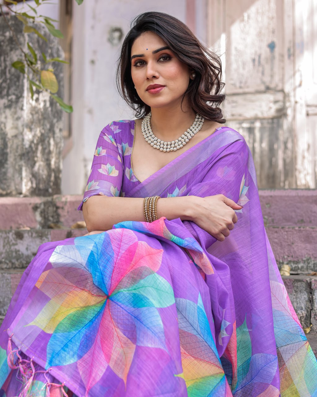 Elenoir Lavender Multicolour Leaf Printed Linen Cotton Saree with Silver Zari Border & Running Blouse Piece