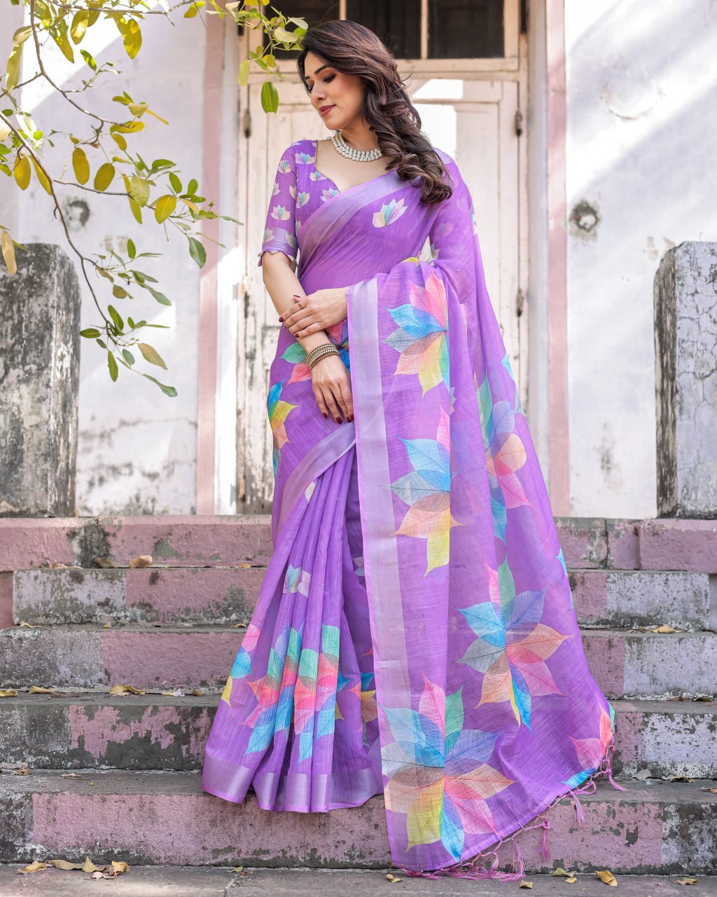 Elenoir Lavender Multicolour Leaf Printed Linen Cotton Saree with Silver Zari Border & Running Blouse Piece