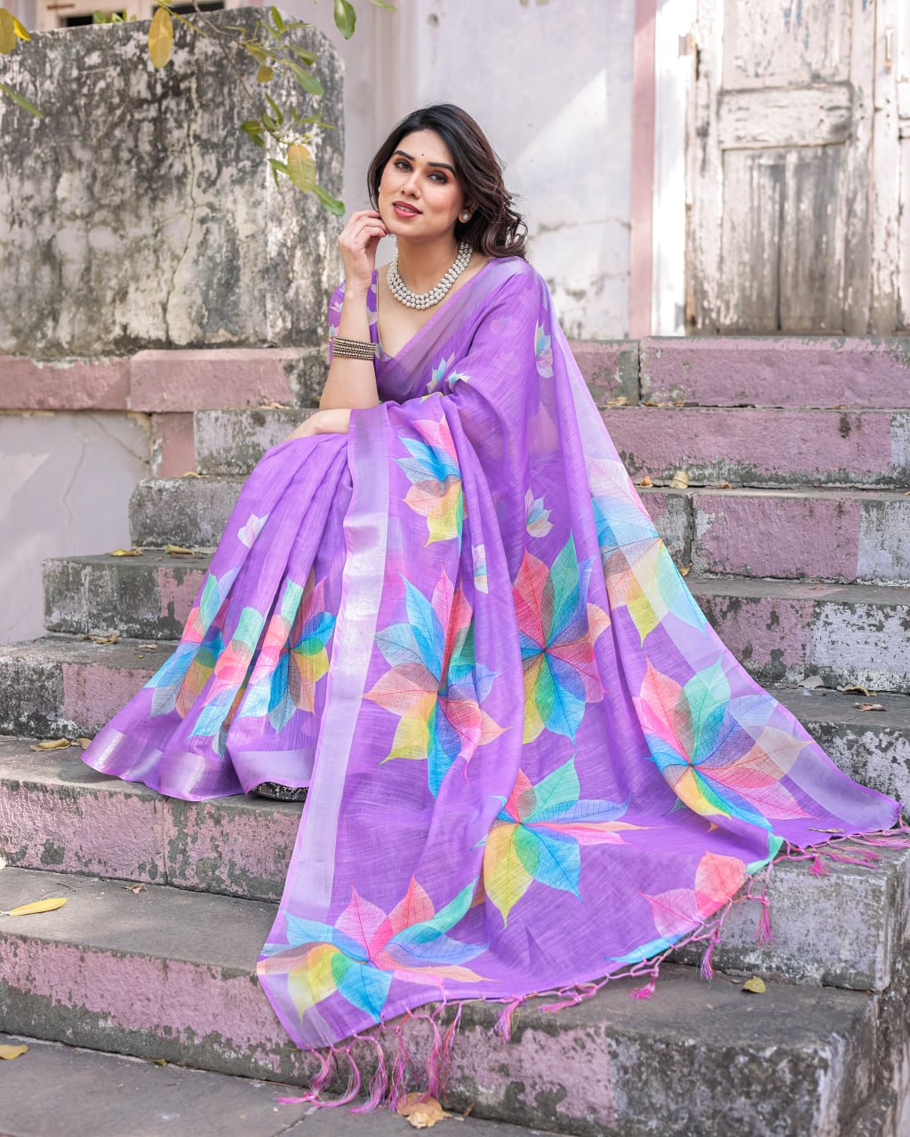 Elenoir Lavender Multicolour Leaf Printed Linen Cotton Saree with Silver Zari Border & Running Blouse Piece