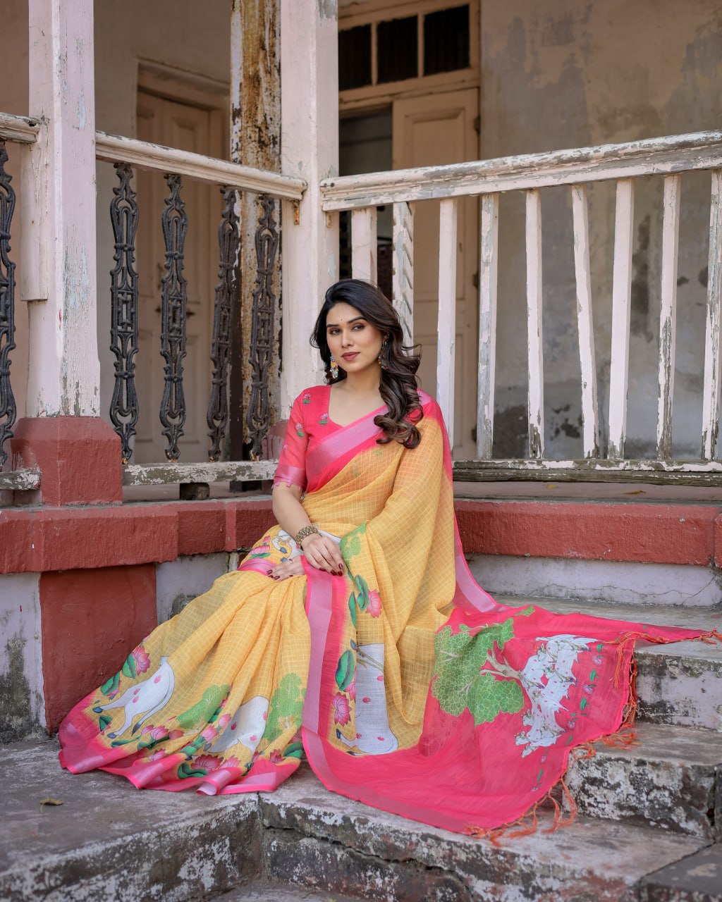 Elenoir Mustard Yellow Pichwai Printed Linen Cotton Saree with Pink Zari Border & Running Blouse Piece