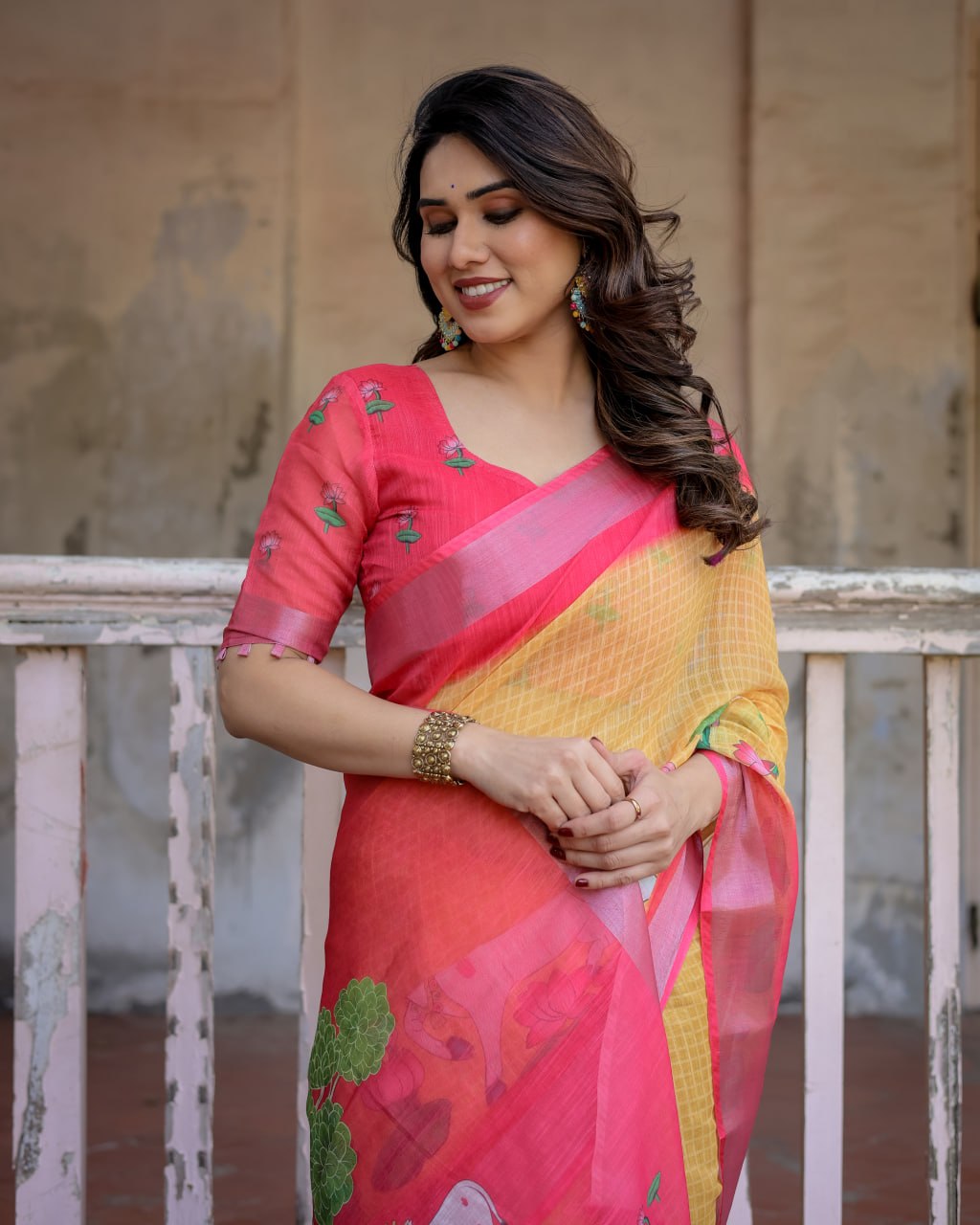 Elenoir Mustard Yellow Pichwai Printed Linen Cotton Saree with Pink Zari Border & Running Blouse Piece