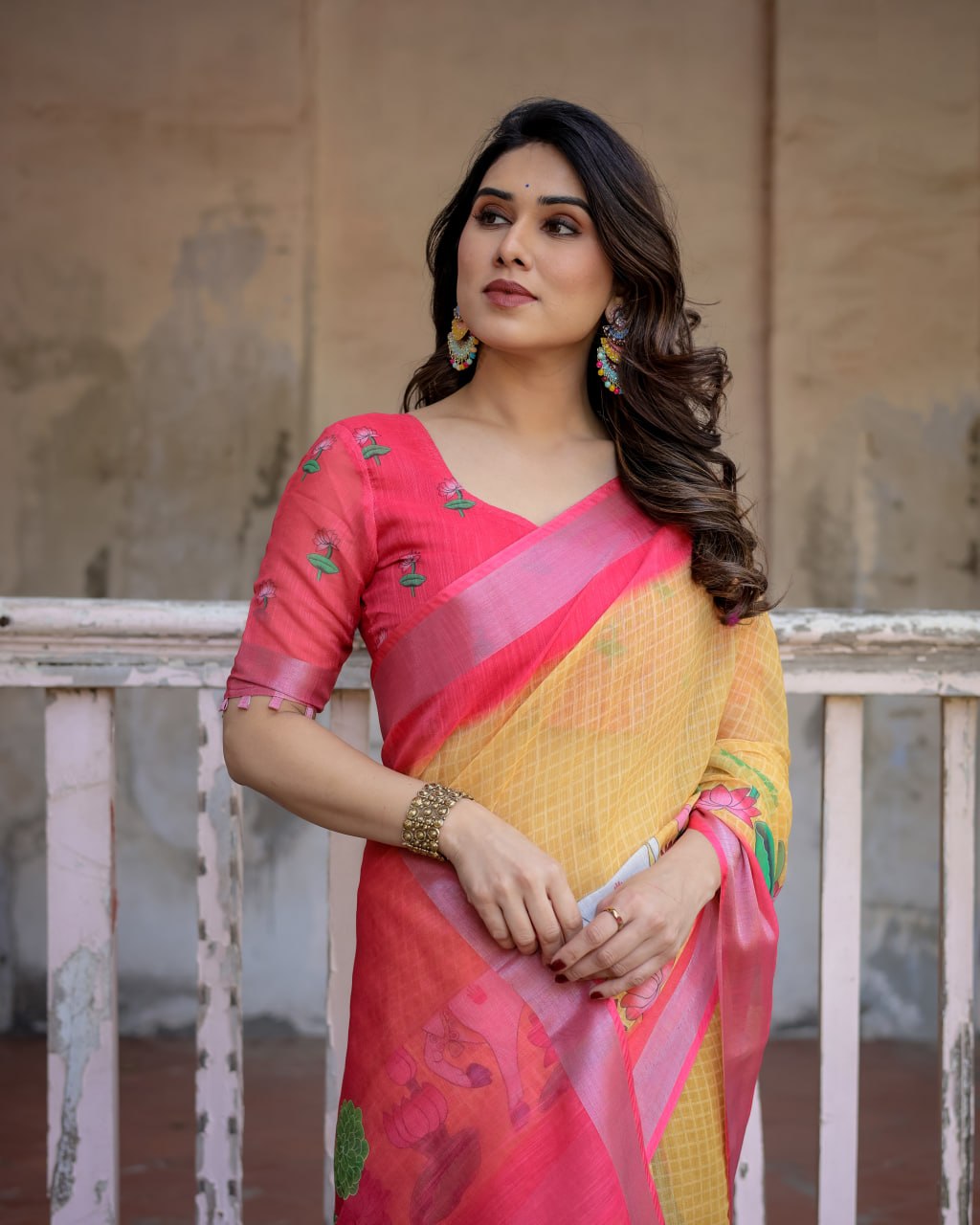 Elenoir Mustard Yellow Pichwai Printed Linen Cotton Saree with Pink Zari Border & Running Blouse Piece