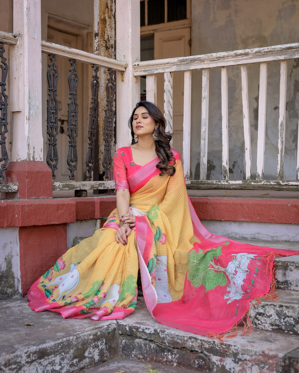 Elenoir Mustard Yellow Pichwai Printed Linen Cotton Saree with Pink Zari Border & Running Blouse Piece