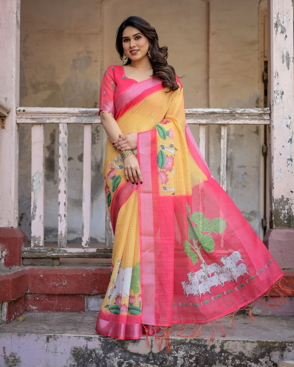 Elenoir Mustard Yellow Pichwai Printed Linen Cotton Saree with Pink Zari Border & Running Blouse Piece