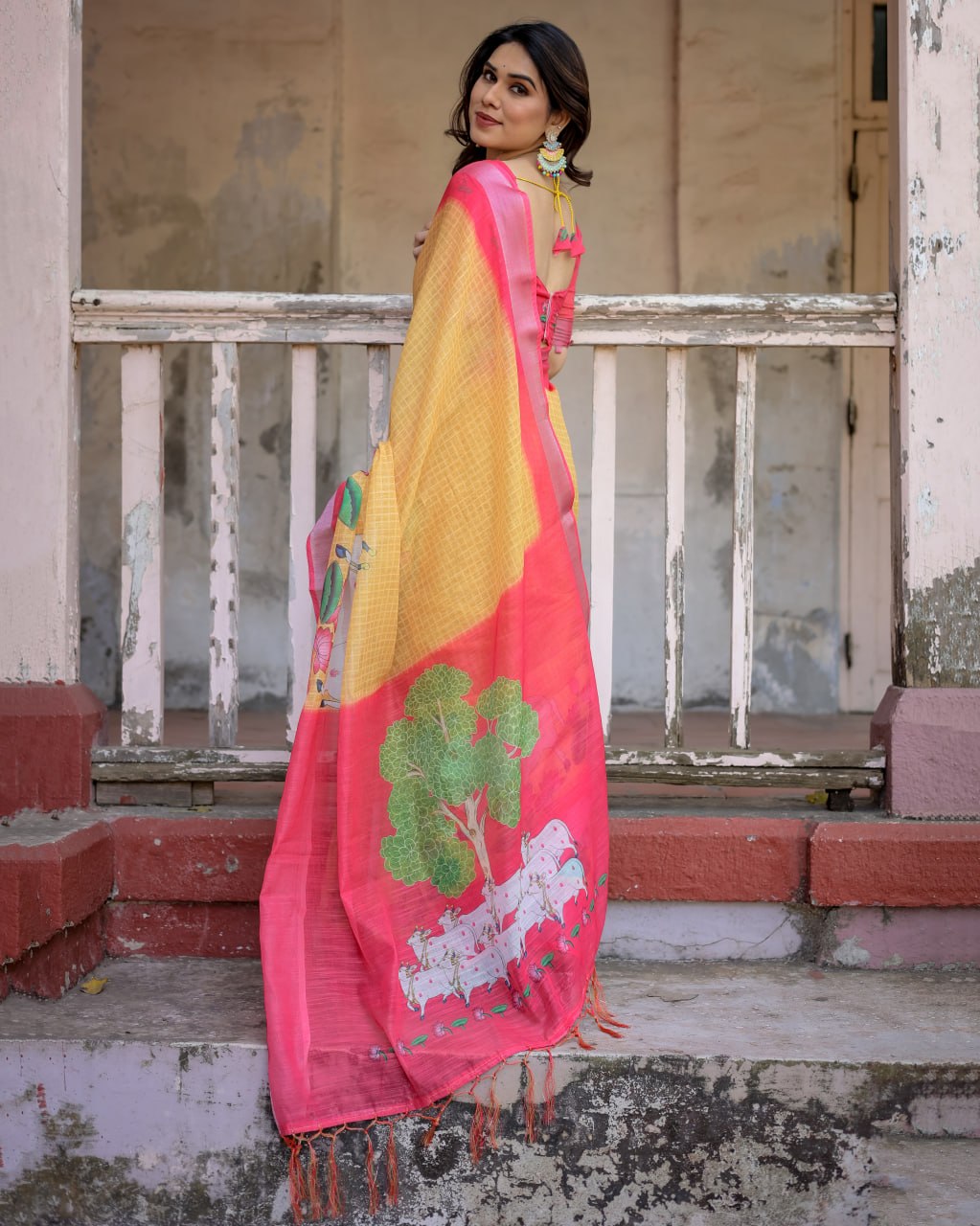 Elenoir Mustard Yellow Pichwai Printed Linen Cotton Saree with Pink Zari Border & Running Blouse Piece