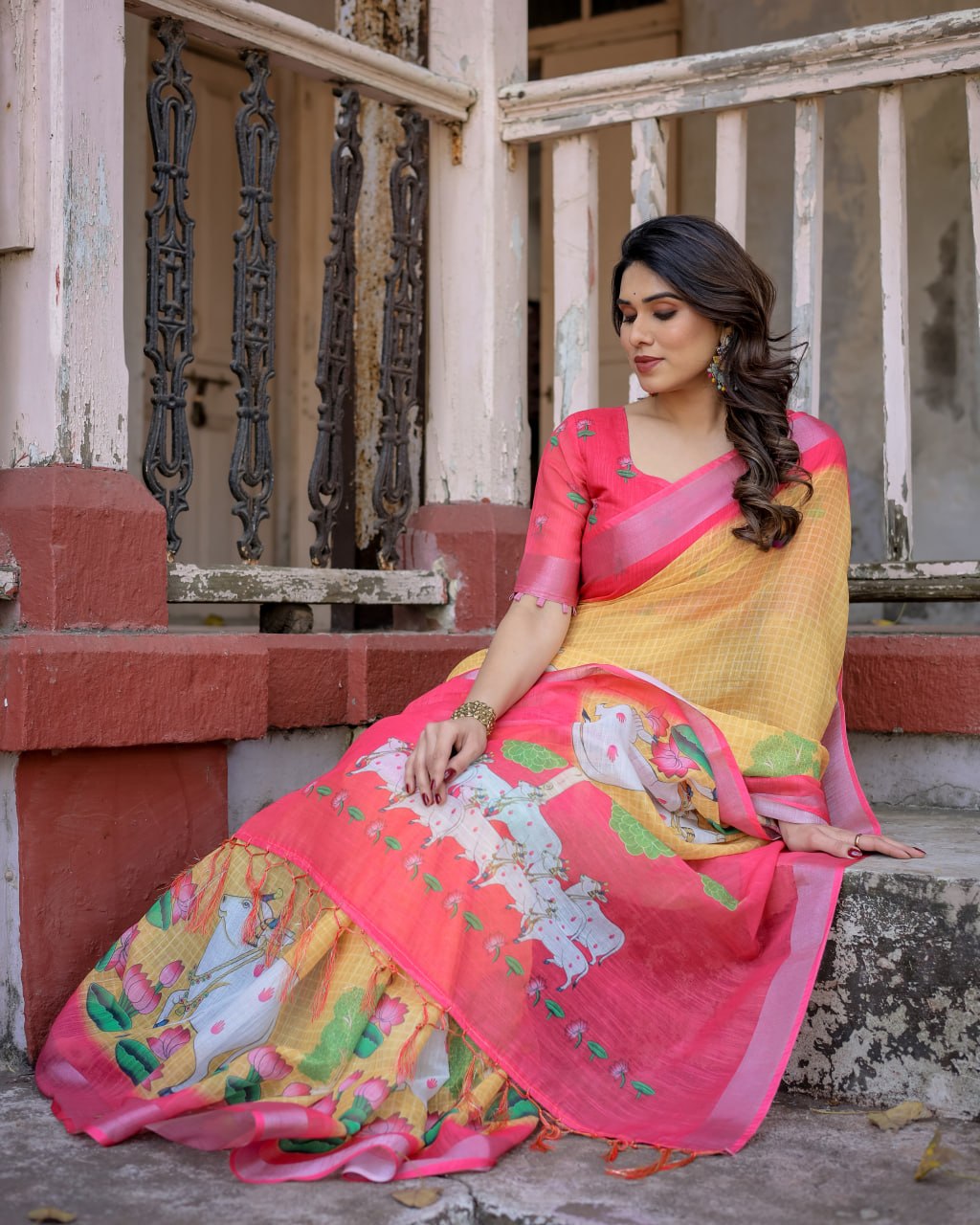 Elenoir Mustard Yellow Pichwai Printed Linen Cotton Saree with Pink Zari Border & Running Blouse Piece