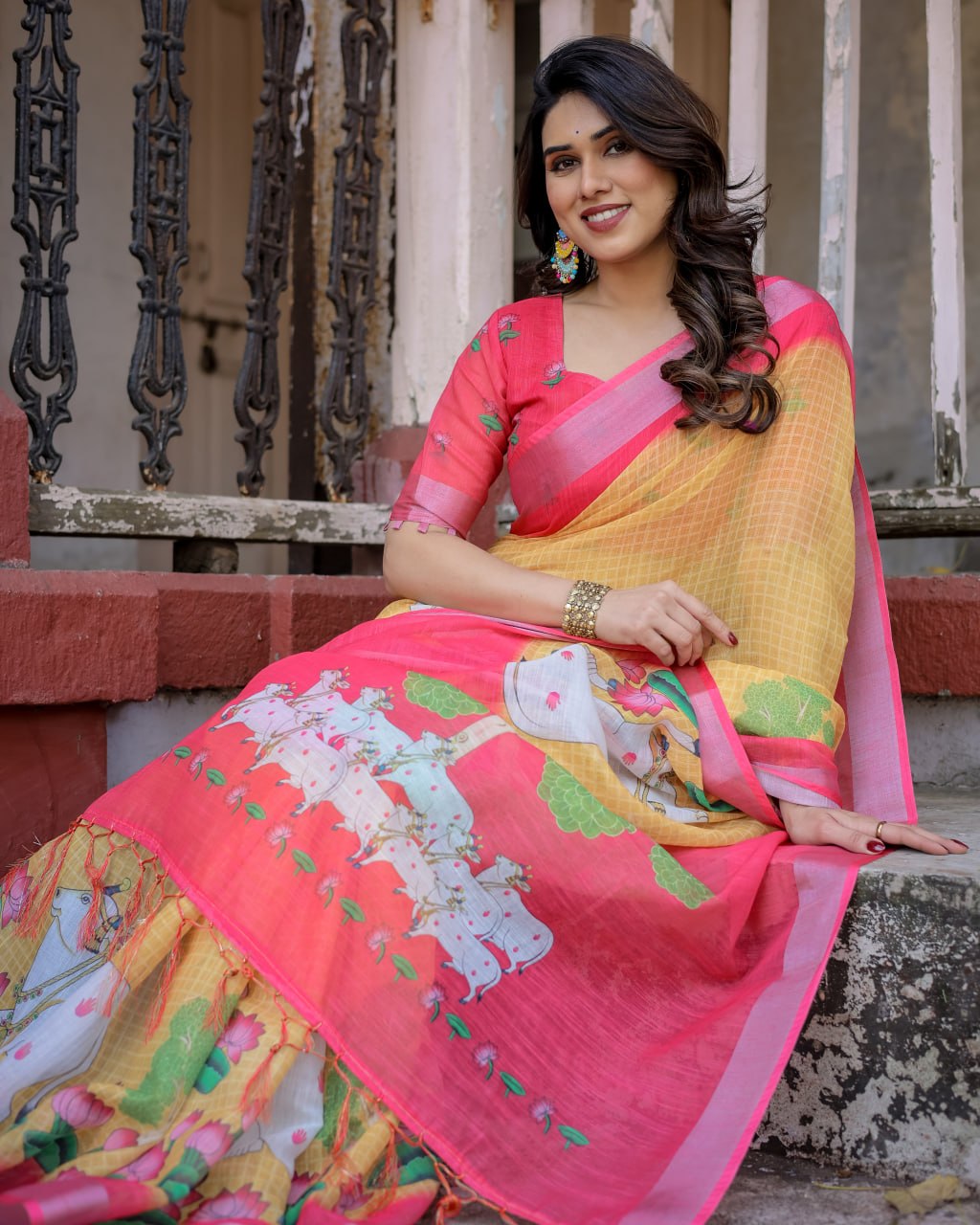 Elenoir Mustard Yellow Pichwai Printed Linen Cotton Saree with Pink Zari Border & Running Blouse Piece