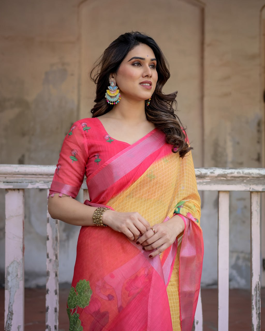 Elenoir Mustard Yellow Pichwai Printed Linen Cotton Saree with Pink Zari Border & Running Blouse Piece