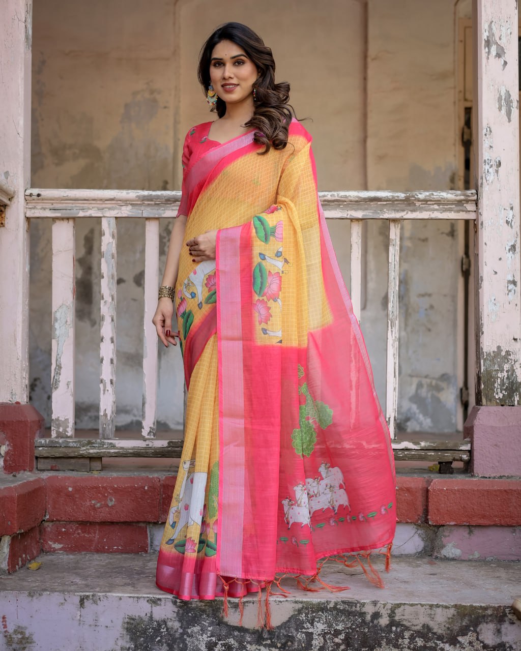 Elenoir Mustard Yellow Pichwai Printed Linen Cotton Saree with Pink Zari Border & Running Blouse Piece