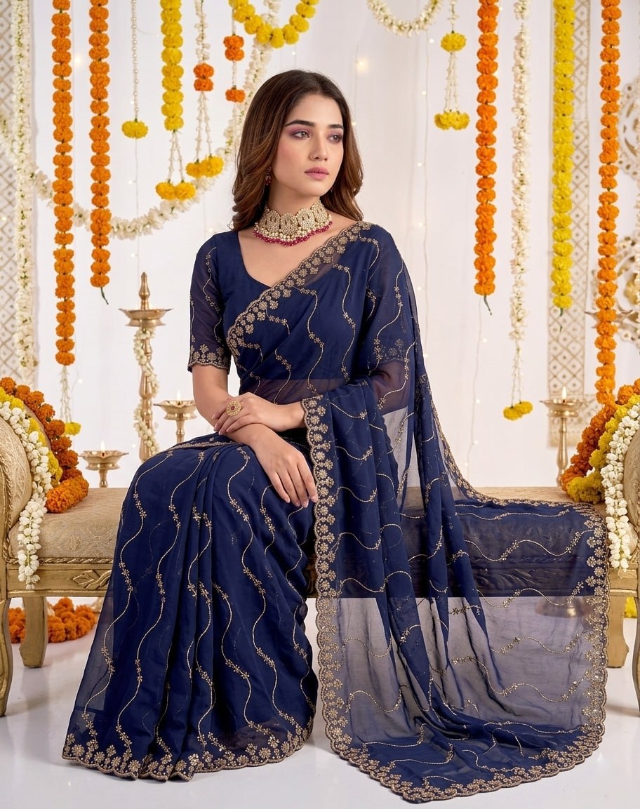 Elenoir Premium Blue Leriya Embroidered Star Georgette Saree with Embroidered Blouse | Wedding, Festive & Party Wear