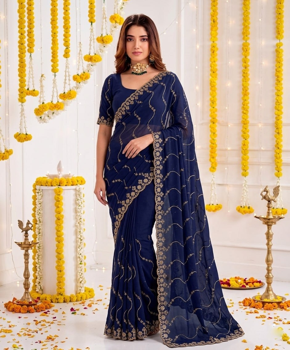 Elenoir Premium Blue Leriya Embroidered Star Georgette Saree with Embroidered Blouse | Wedding, Festive & Party Wear