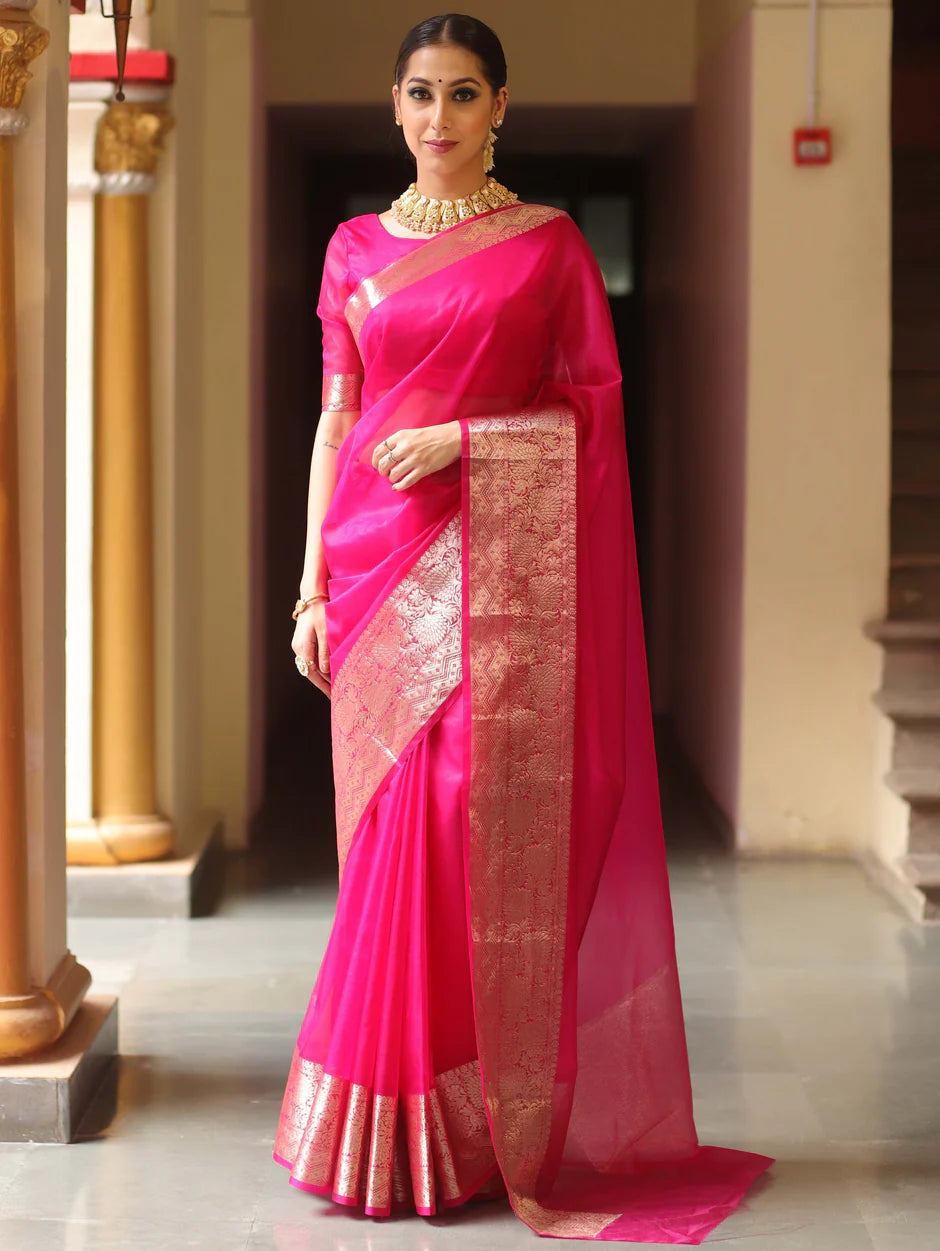 Elenoir Premium Blush Pink Kanjivaram Organza Saree with Rich Gold Zari Border | Wedding, Festive & Party Wear