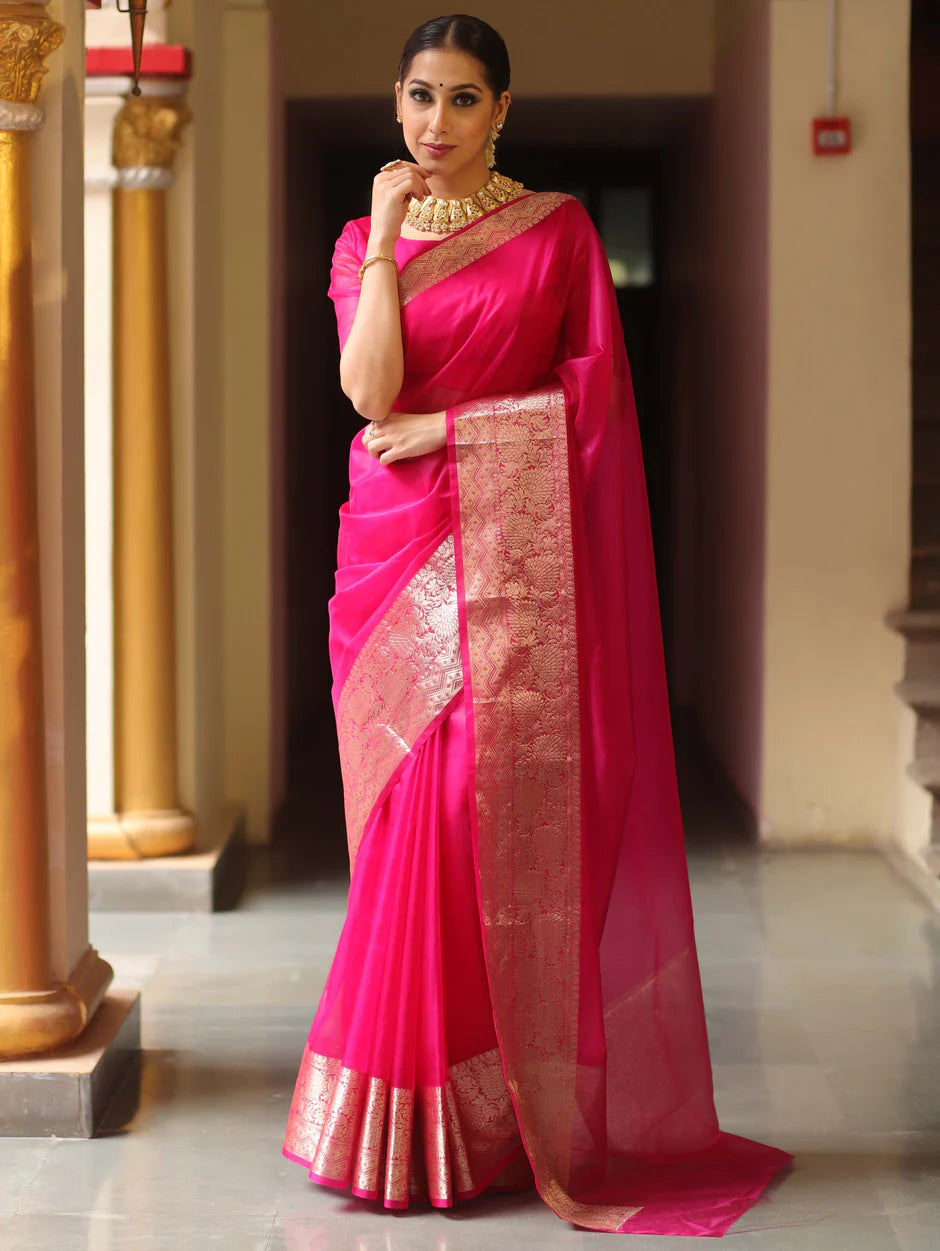 Elenoir Premium Blush Pink Kanjivaram Organza Saree with Rich Gold Zari Border | Wedding, Festive & Party Wear