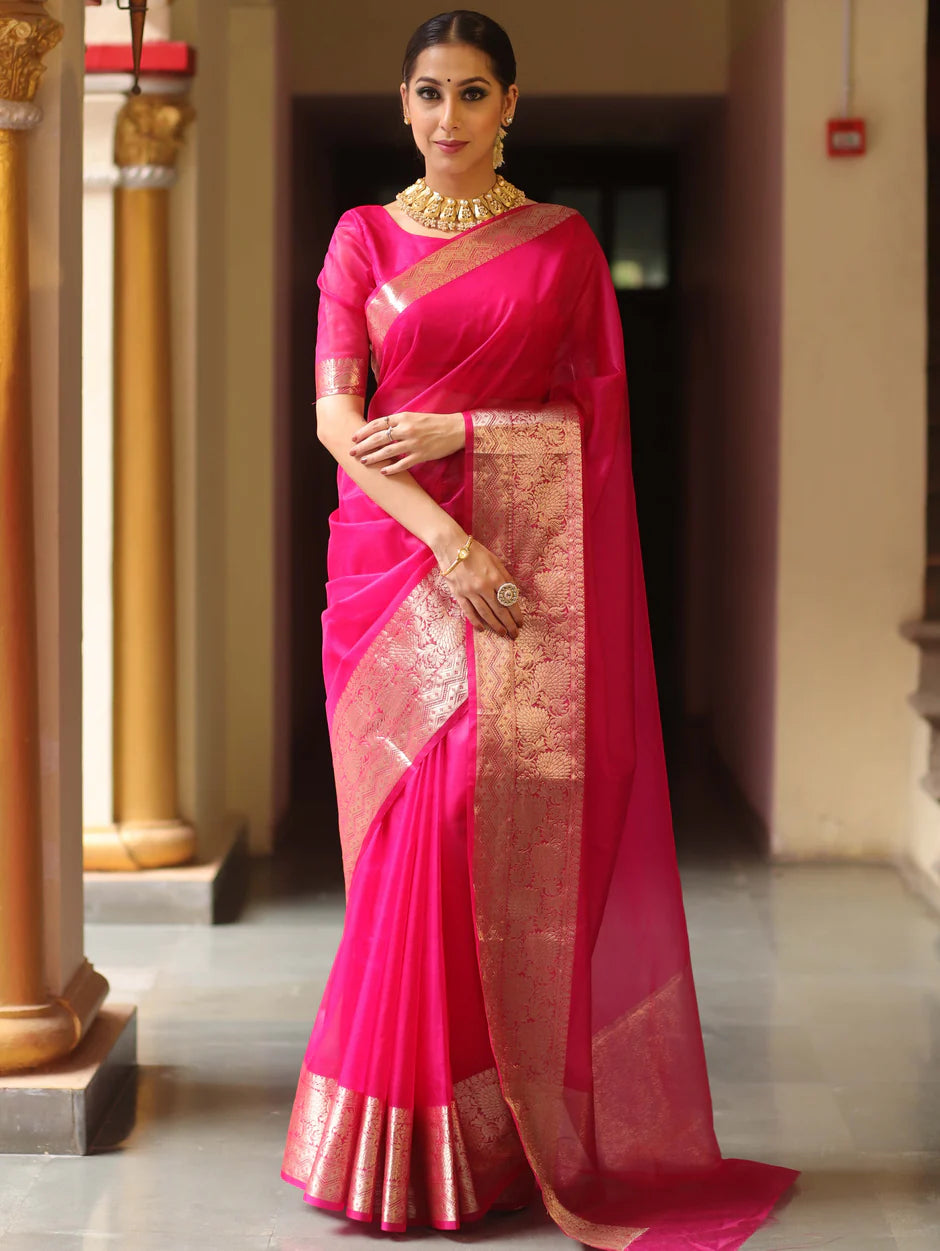 Elenoir Premium Blush Pink Kanjivaram Organza Saree with Rich Gold Zari Border | Wedding, Festive & Party Wear