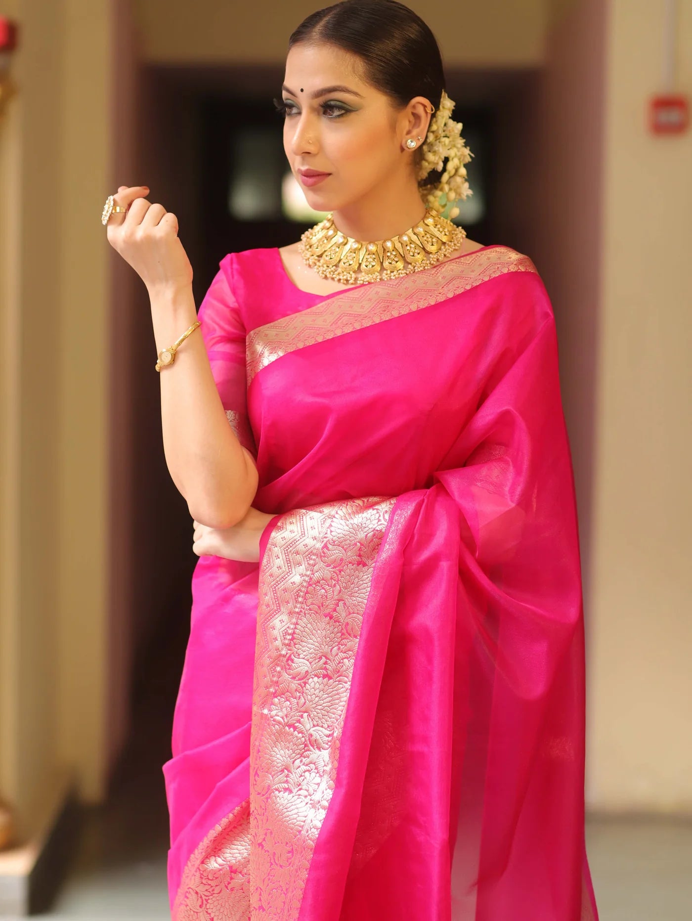 Elenoir Premium Blush Pink Kanjivaram Organza Saree with Rich Gold Zari Border | Wedding, Festive & Party Wear