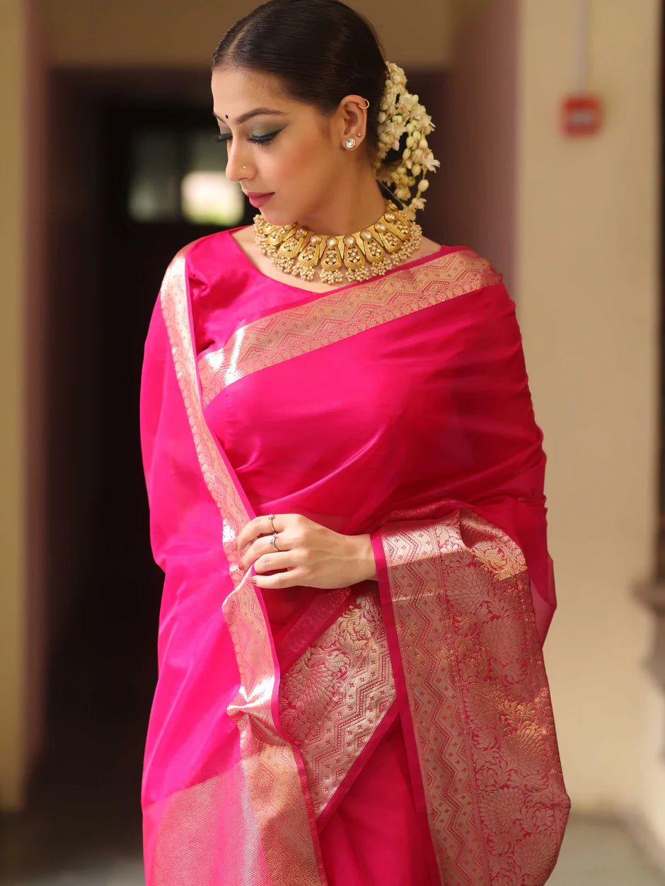 Elenoir Premium Blush Pink Kanjivaram Organza Saree with Rich Gold Zari Border | Wedding, Festive & Party Wear